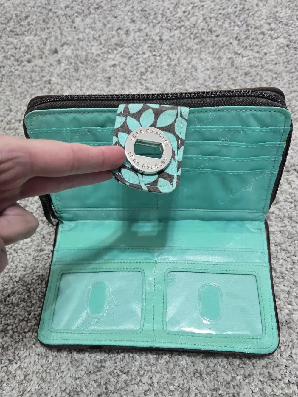 Vera Bradley Brown and Teal Leaf Quilted Zip-Around Wallet - Picture 3 of 4